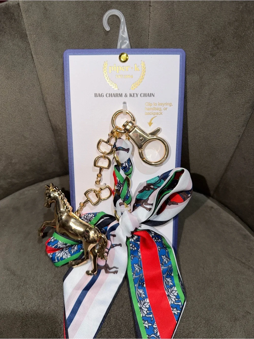 Piper•k Gold Horse Key & Bag Charm with Multicolor Scarf Accent